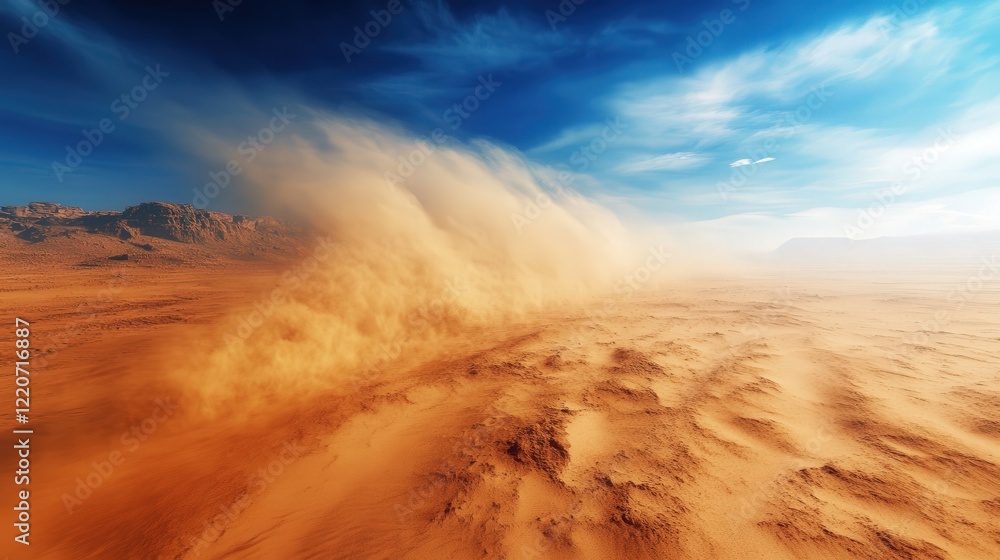Poster pm 2.5 dust particles spreading during a windstorm in an arid region, creating visibility issues.