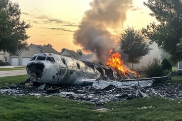 Burning wreckage of crashed airplane in residential neighborhood at sunset