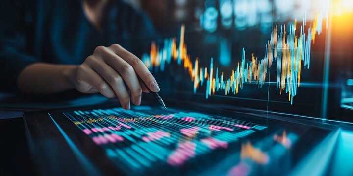 Investor or entrepreneur visualizing successful IPO Initial Public Offering, futuristic hologram projection, analyzing stock market data & trends to strategize public listing, business, Generative AI