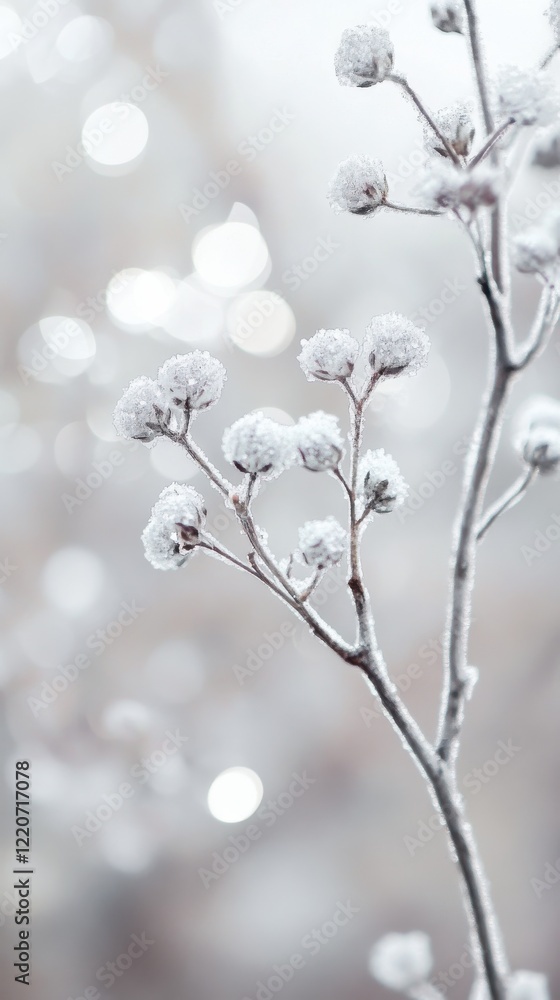 Poster glowing silver and gray toned branches adorned with delicate frosted blooms in a serene winter setti