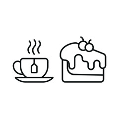 Tea mug drink and cheesecake food icon illustrated in a vibrant and playful cartoon style, bursting with cheerful colors and dynamic details, ideal for casual dining, fun branding, and creative design