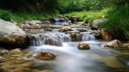 Mountain stream flows gently over rocks in a serene natural setting surrounded by lush greenery