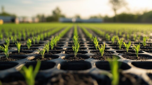 Fresh rice seedlings being carefully planted in neat, water-filled rows, marking the beginning of the growing season.