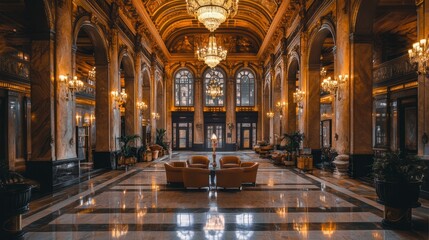Fototapeta premium A luxury hotel lobby with grand chandeliers, marble floors, and plush seating