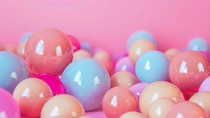 A lot of pastel color balls on a pink background. 3d rendering.