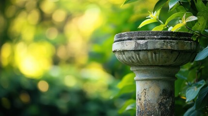 Weathered Stone Column Holds Small Bowl Nestled In Greenery