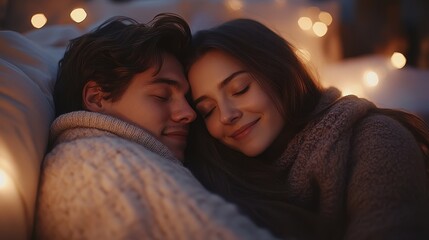 Romantic embrace of a young couple in bed with warm lighting for valentine's day