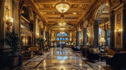 Obraz premium A luxury hotel lobby with grand chandeliers, marble floors, and plush seating
