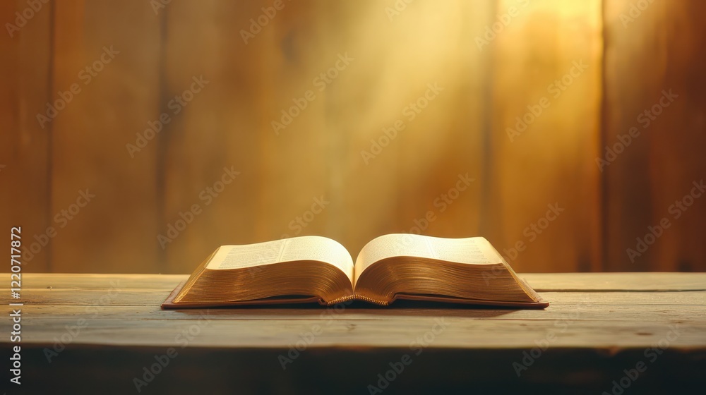 Poster close-up of an open book with yellowing pages on a rustic wooden table, inviting reading.