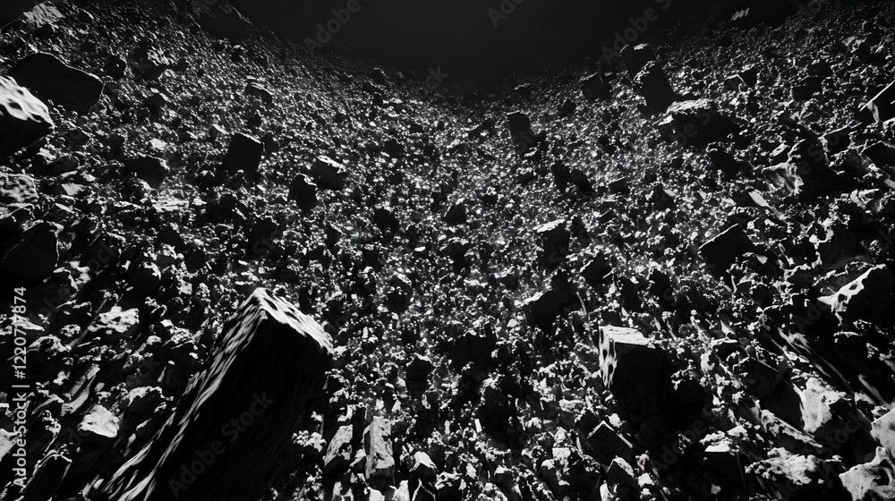 Poster solid particles forming a dense heap, with shadows and highlights creating depth and contrast.