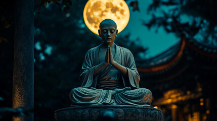 Serene Buddha Statue Moonlight Night Peaceful Meditation Spiritual Tranquility Asian Culture        