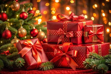 Festive Red Christmas Gifts: Wrapped Presents Under Christmas Tree