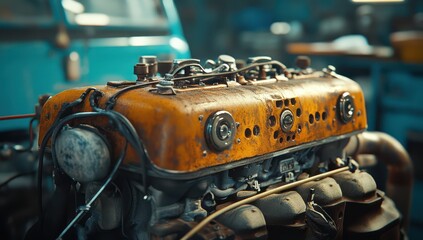 Close-up of a car engine with bright sunlight and a blue background. An auto mechanic working on motor vehicles in a garage workshop for service, repair, or maintenance. 