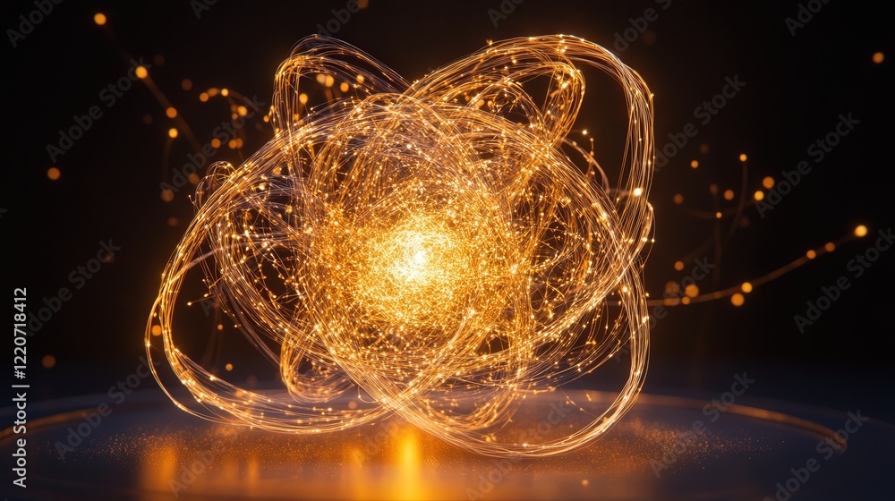Poster subatomic particles illuminated with soft light, moving randomly in a vast, dark space.