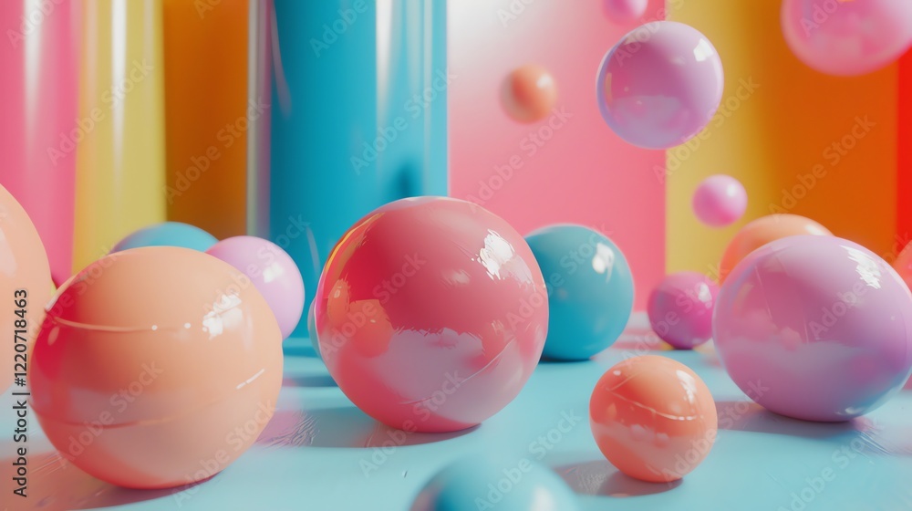 Poster 3d rendering of a colorful abstract background with floating glossy spheres. the spheres are in vari