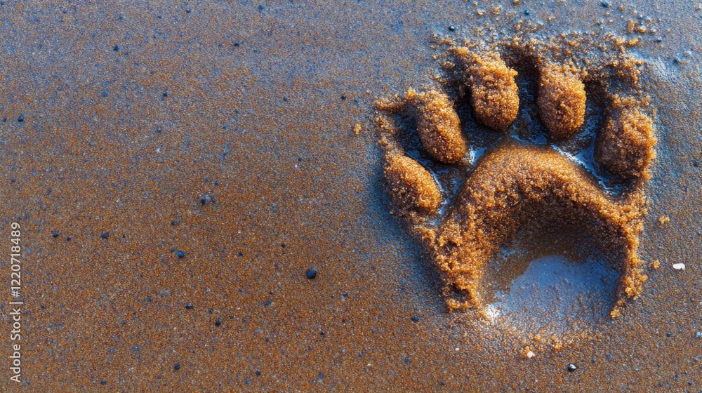 Poster close-up of a paw print in wet sand on a beach, with gentle waves lapping in the background