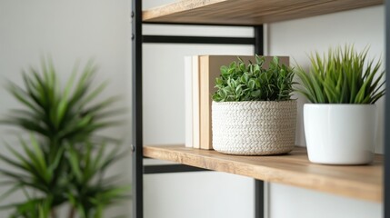 Modern Shelf with Green Plants and Decor Items