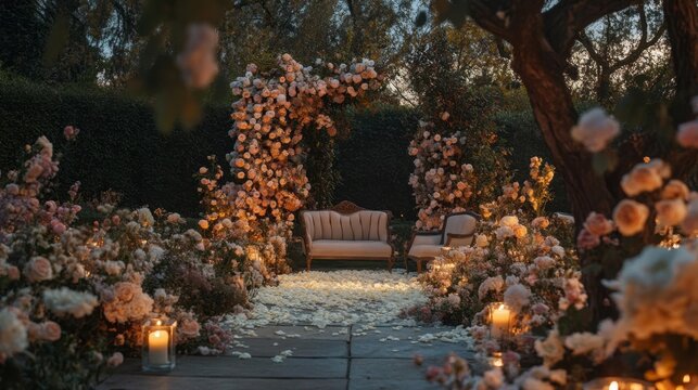 A luxury outdoor wedding setup with elegant seating, floral decor, and soft lighting