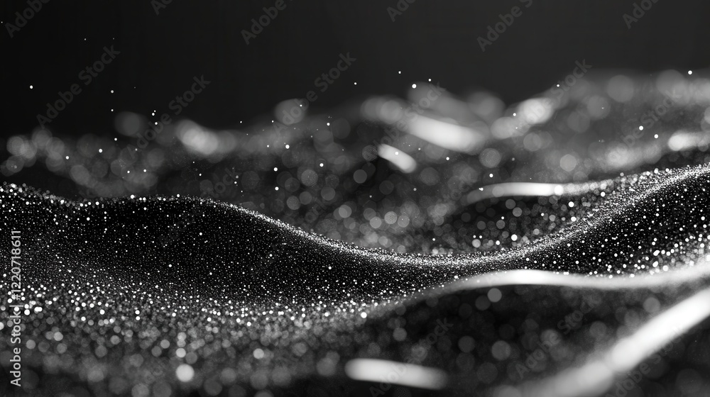 Poster tiny liquid particles vibrating in unison, creating a shimmering wave effect