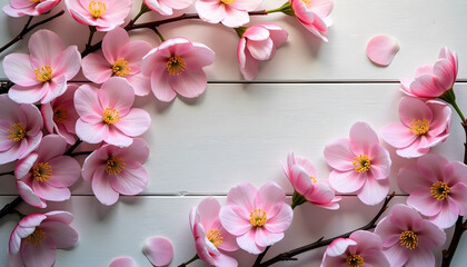 Cherry blossom petals on white wooden table
