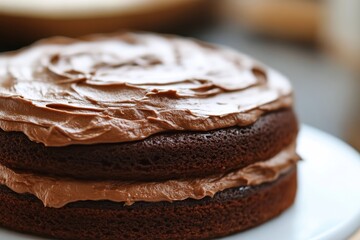 A rich chocolate cake with creamy frosting, featuring two layers that look delicious and inviting.