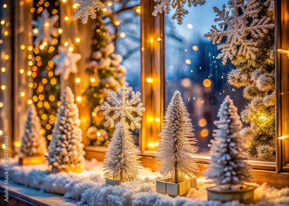 Poster festive winter window display: macro snowflake & tree details