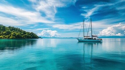 Obraz premium A luxury yacht cruising on calm turquoise waters under a sunny sky