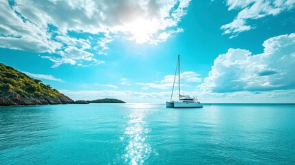 Obraz premium A luxury yacht cruising on calm turquoise waters under a sunny sky