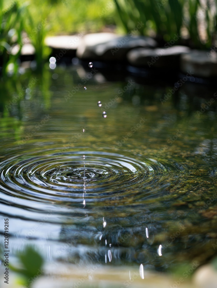 Poster close-up of a water droplet falling into a serene pond creating ripples under a sunny sky