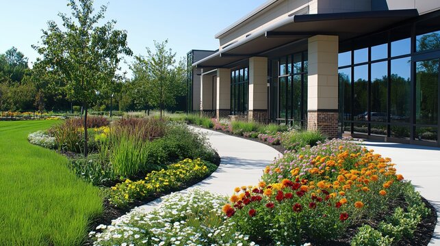 A neatly arranged commercial landscape featuring vibrant flowers and lush plants, showcasing professional maintenance and design.