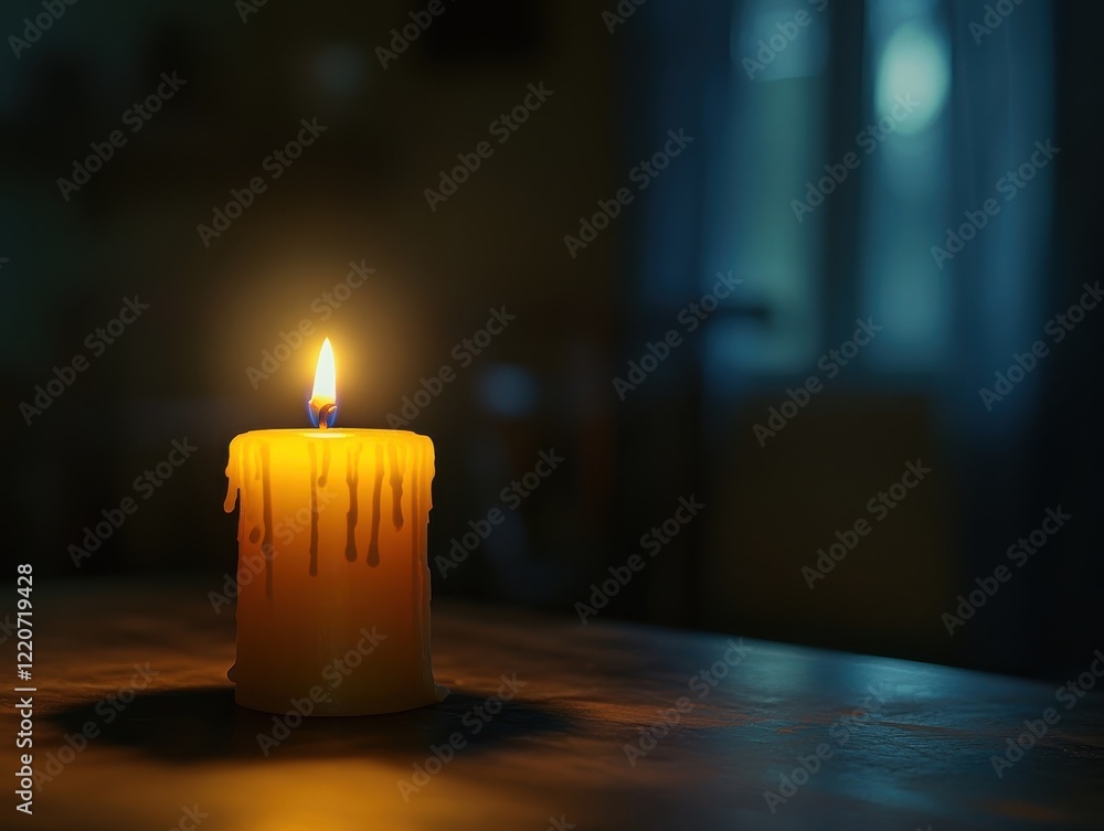 Aufkleber candle burns brightly on a table in a dimly lit room, creating a warm and inviting atmosphere