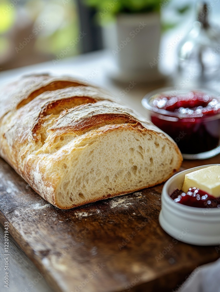 Poster freshly baked artisan bread served with butter and jam on a rustic wooden table in a cozy setting