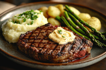 Perfectly cooked ribeye steak with garlic butter, creamy mashed potatoes, and steamed asparagus served on a rustic plate