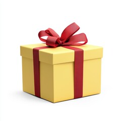 Obraz premium Bright Yellow Gift Box with Red Ribbon and Bow Isolated on White Background