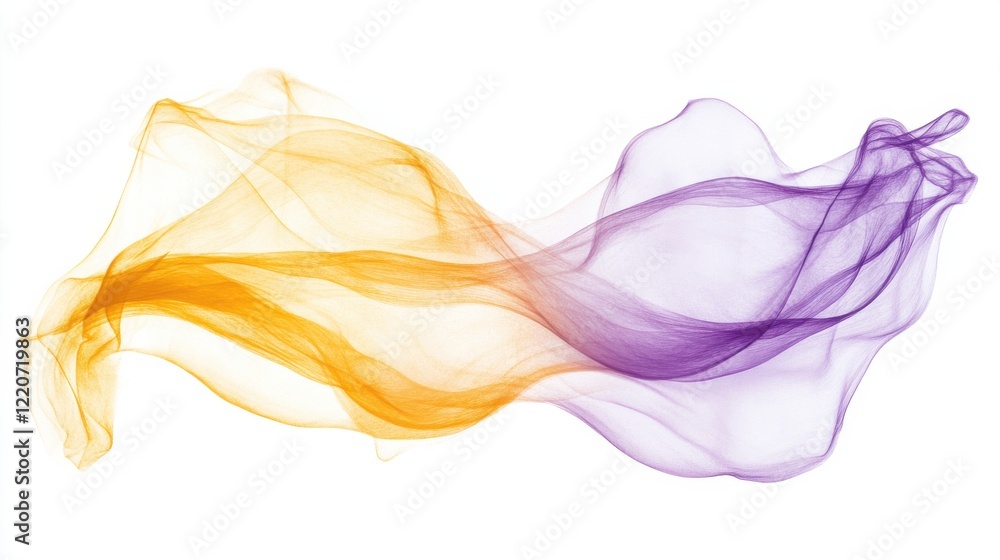 Poster translucent abstract pencil strokes creating fluid motion in vivid hues of yellow and purple on a wh