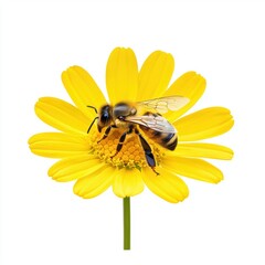 Honeybee Resting on a Bright Yellow Daisy Flower Isolated on White Background