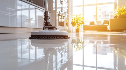 Modern kitchen floor cleaning, sunlight, apartment