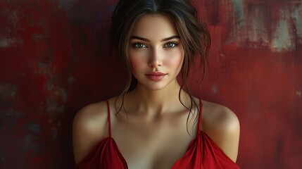Fototapeta premium Portrait of a beautiful young woman in elegant red dress against artistic background