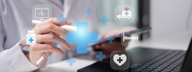 Professional health care worker doctor stethoscope medicine ambulance ekg icon concept