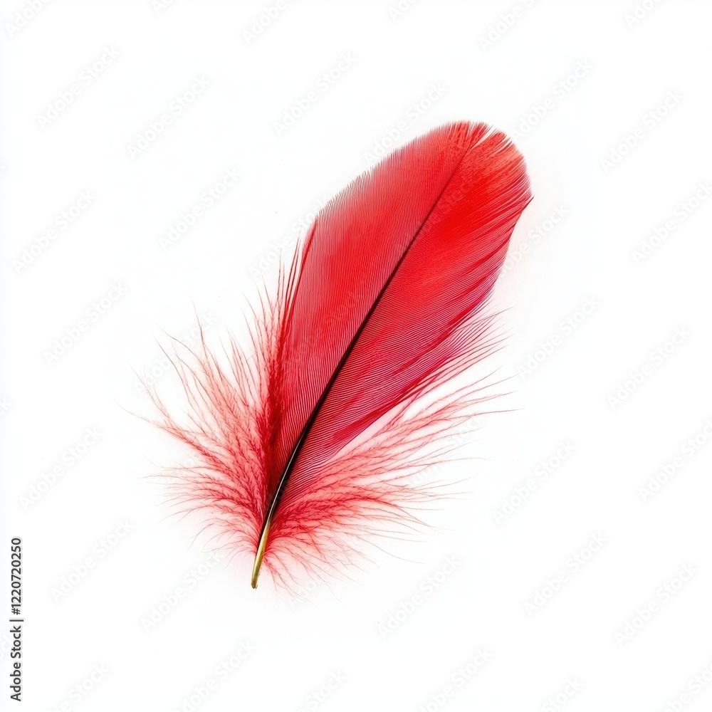 Poster soft red feather isolated on white background with delicate textures