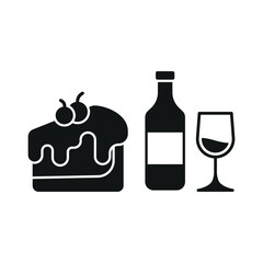 Wine bottle drink and cheesecake food icon with a sleek and minimalist flat design, featuring clean lines and a modern aesthetic, perfect for contemporary UI/UX projects and food-related branding.