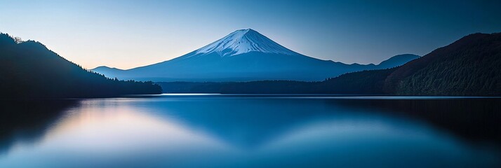 Mount fuji reflecting in a calm lake at twilight with dark blue sky and surrounding forest