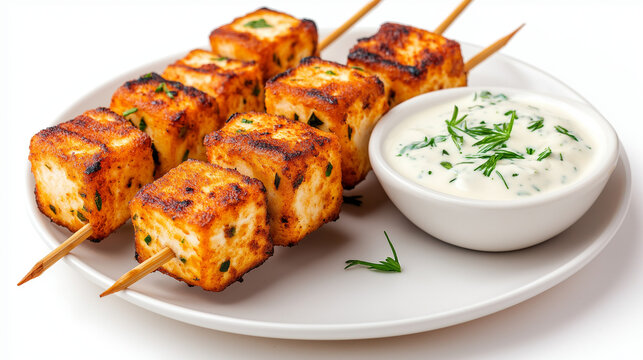 Close up of paneer tikka on a skewer with white sause. Spicy Indian starter food.
