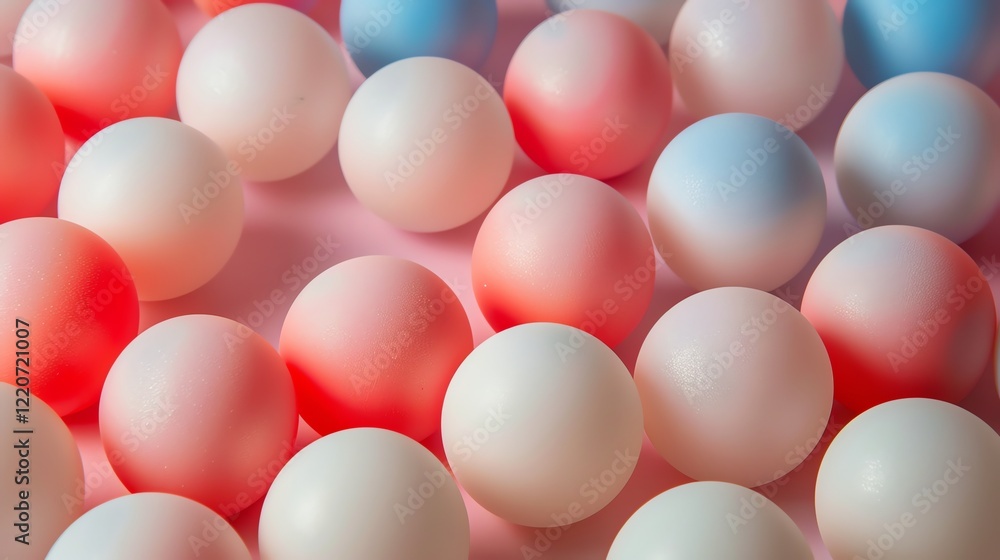 Poster a group of pastel colored balls with a gradient on a pink background. the balls are all different si