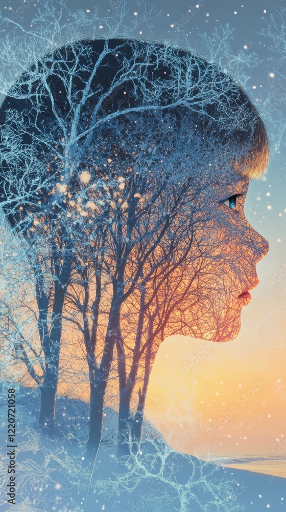 Aufkleber vibrant visualization of a child's profile blending with a winter landscape featuring trees and a su