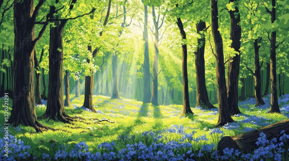 Aufkleber vibrant spring forest featuring maple and elm trees with blooming bluebells under soft sunlight