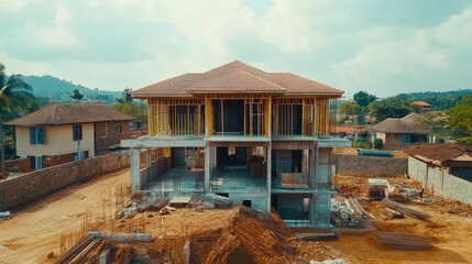 construction residential new house with prefabrication system in progress at building site