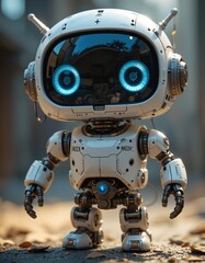 Fototapeta premium A dynamic style of a cute, kawaii robot with big round eyes. with visible mechanism. high quality, very detailed images, and detailed realistic style textures.