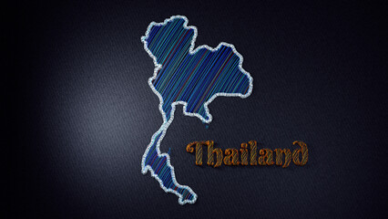 Intricate embroidered map of Thailand. Colorful threads highlight the boundaries country and the word Thailand on a fabric background.