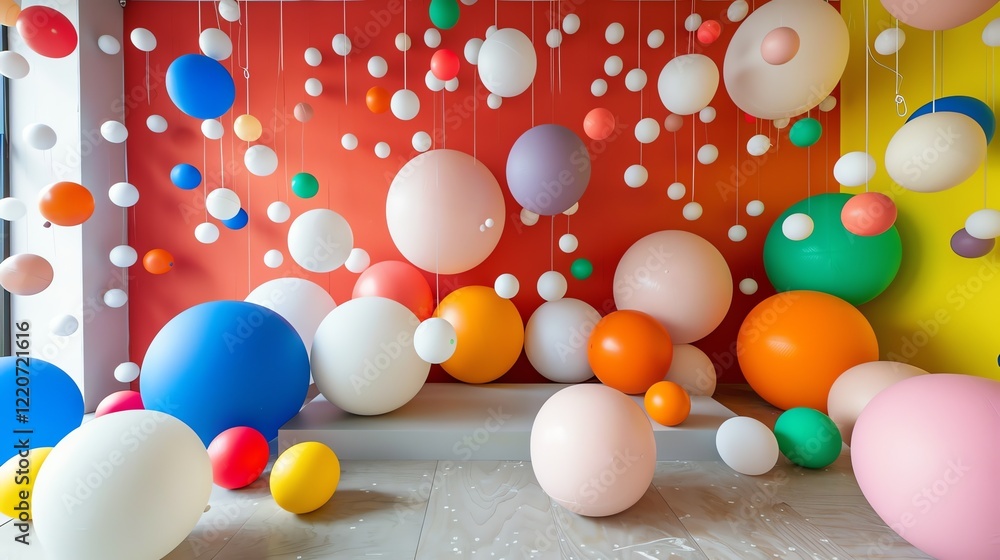 Poster a colorful and whimsical image of a room filled with balloons of various sizes.